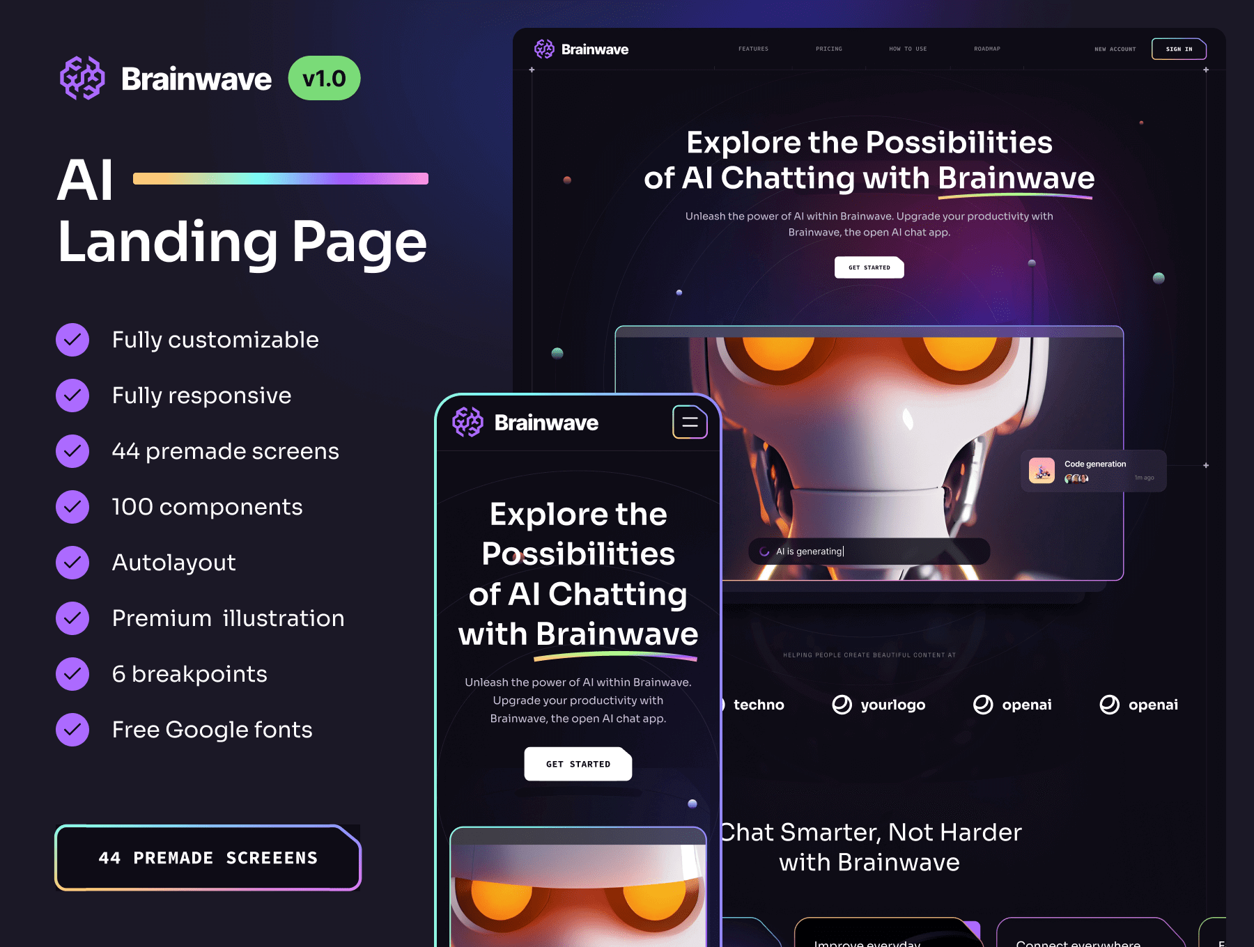 人工智能 AI 登陆页面Landing UI用户界面设计模板套件 Figma, React 源文件素材下载 – UI铺子-设计分享